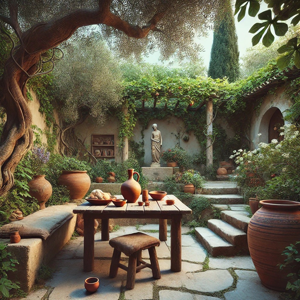 serene sunlit garden in ancient Athens